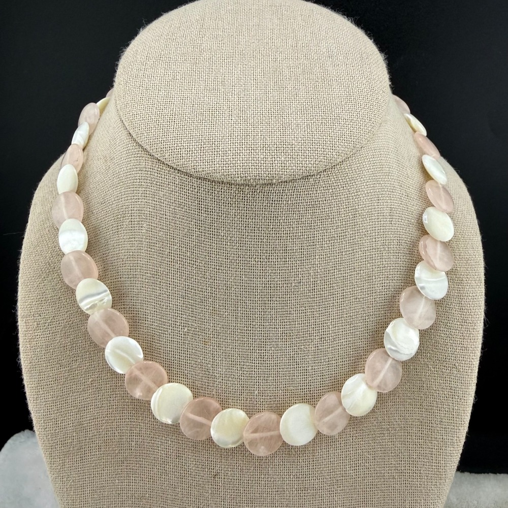 Vintage Necklace Pink Cream Rose Quartz Mother of Pearl Disc Bead 16in